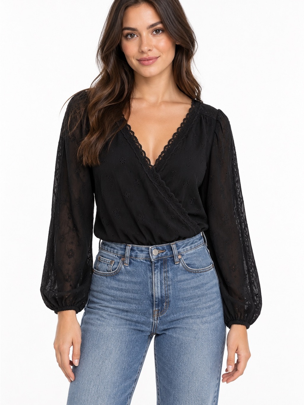 Express Black Lace-Trim Surplice Blouse